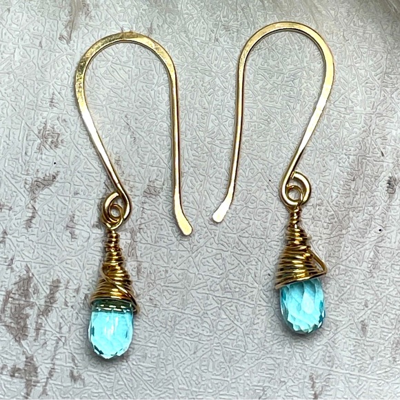 Aquamarine Quartz Crystal Earrings Artisan Designed 14k Gold Filled Wire - Picture 3 of 17